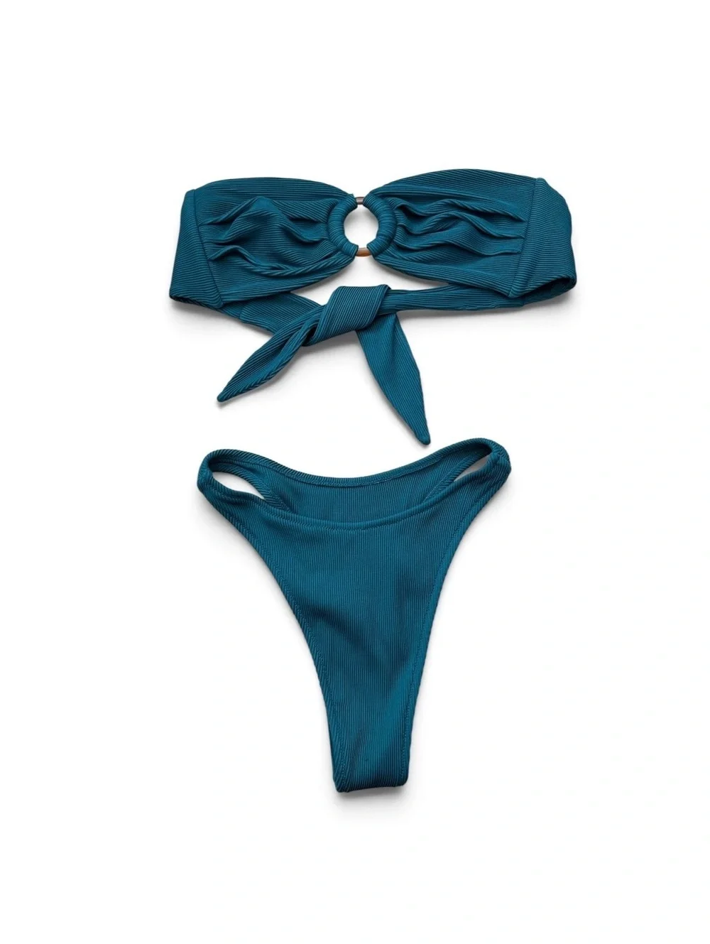 Kulani Kinis Teal Ribbed Ring Bandeau Bikini Size L